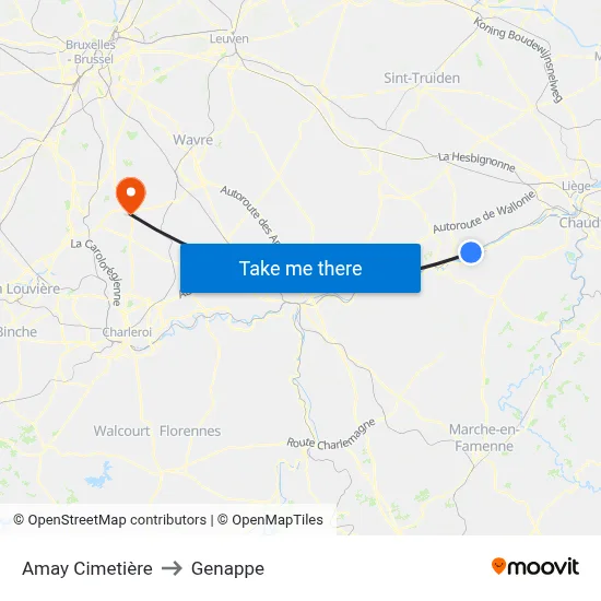 Amay Cimetière to Genappe map
