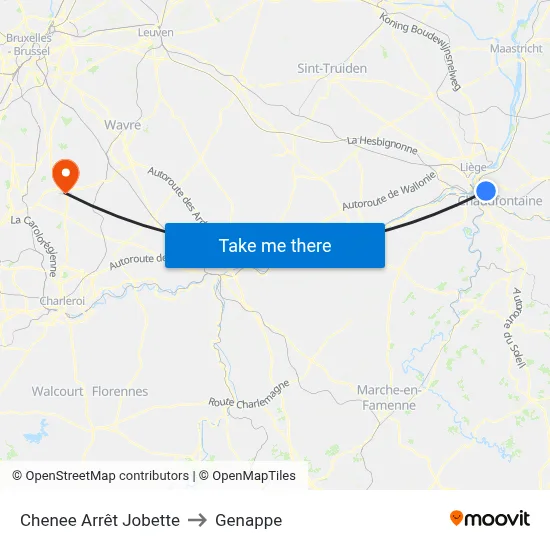 Chenee Jobette Stop to Genappe map