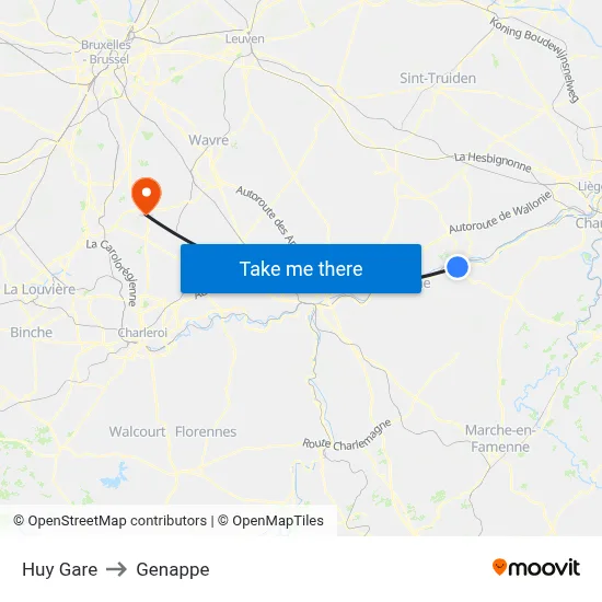 Huy Station to Genappe map