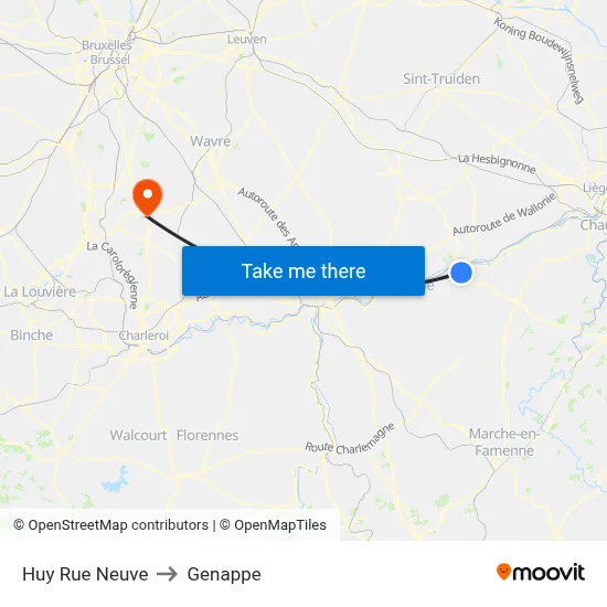Huy New Street to Genappe map