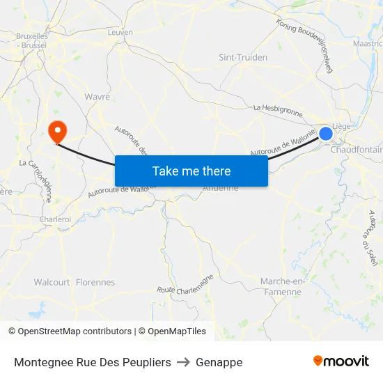 Montegnee Poplar Street to Genappe map