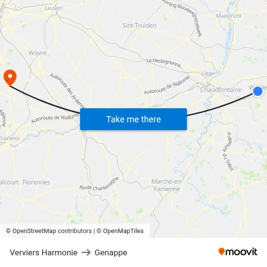 Verviers Harmony to Genappe map