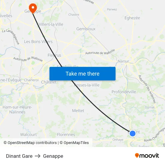 Dinant Station to Genappe map