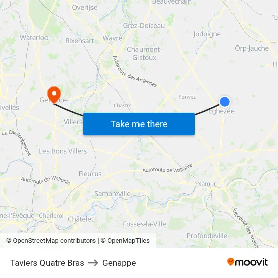 Taviers Four Arms to Genappe map