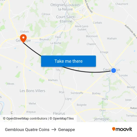 Gembloux Four Corners to Genappe map
