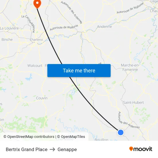 Bertrix Grand Place to Genappe map