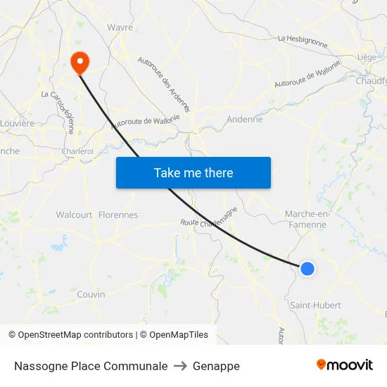 Nassogne Town Square to Genappe map