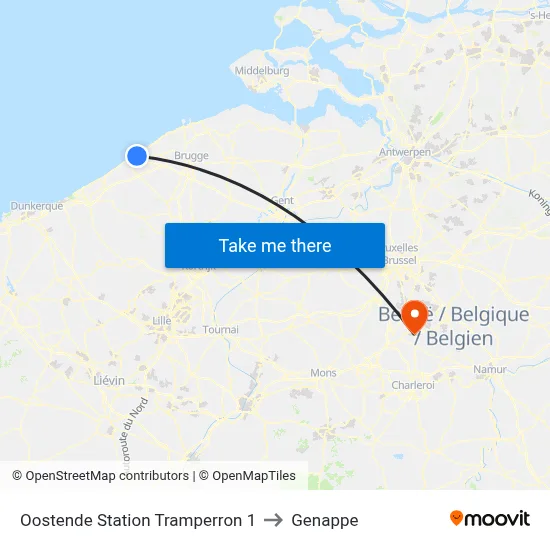 Oostende Station Tram Platform 1 to Genappe map
