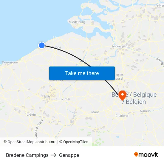 Bredene Campgrounds to Genappe map