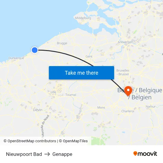 Nieuwpoort Beach to Genappe map