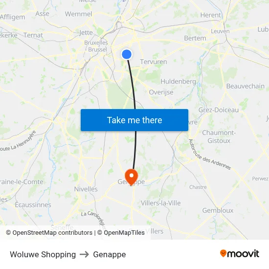 Woluwe Shopping to Genappe map