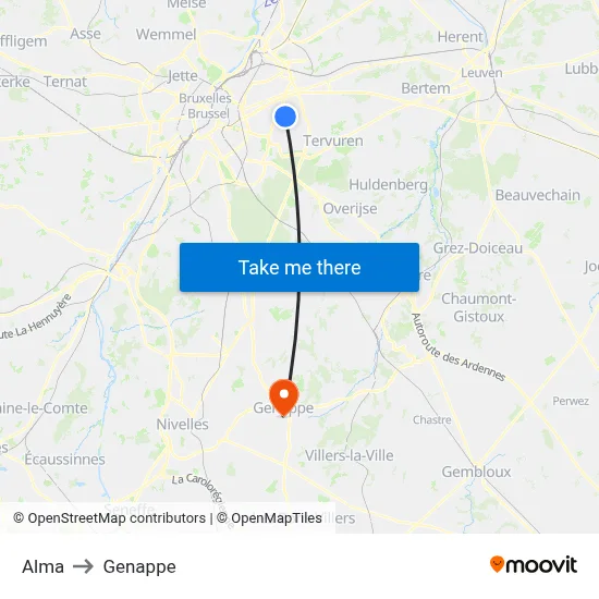 Alma to Genappe map