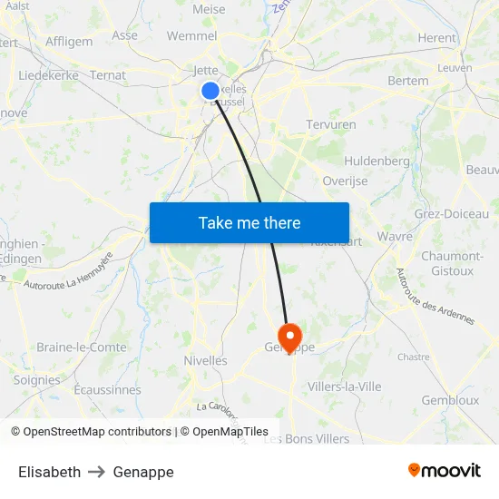 Elisabeth to Genappe map