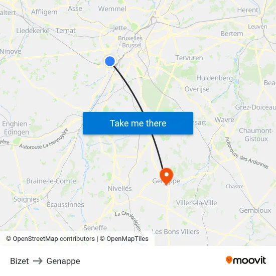 Bizet to Genappe map