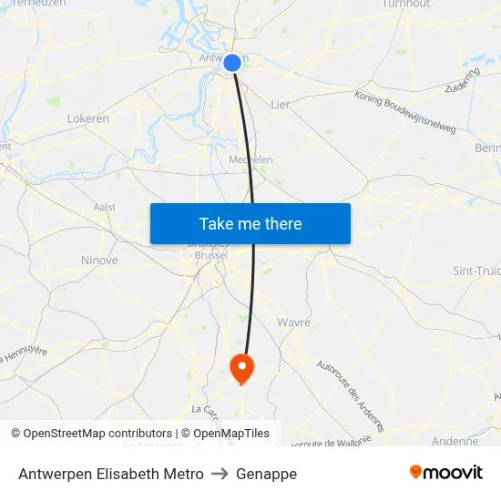 Antwerp Elisabeth Metro to Genappe map