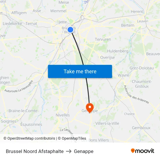Brussels North Drop-off Point to Genappe map