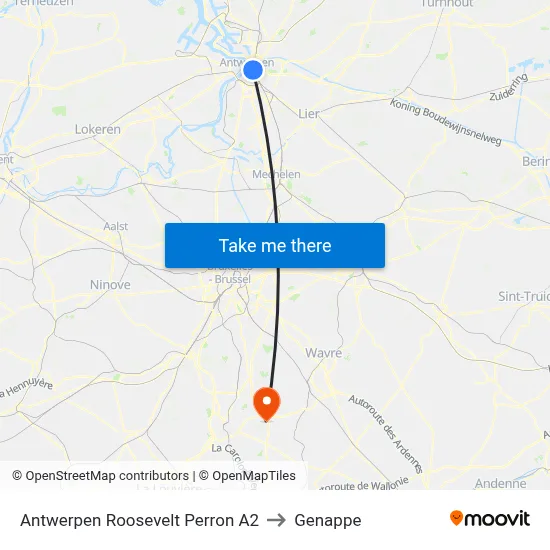 Antwerp Roosevelt Platform A2 to Genappe map
