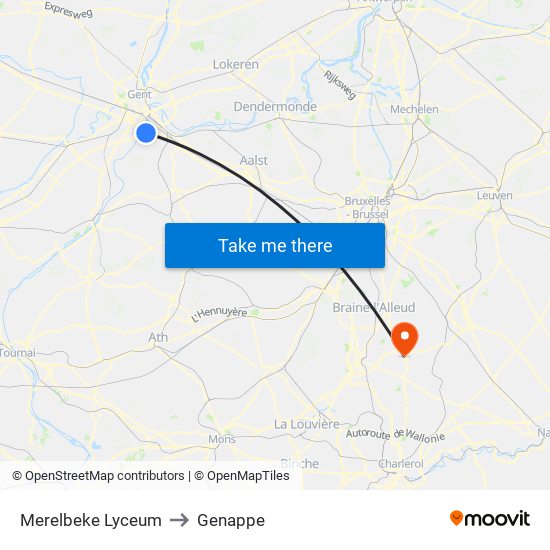 Merelbeke Lyceum to Genappe map