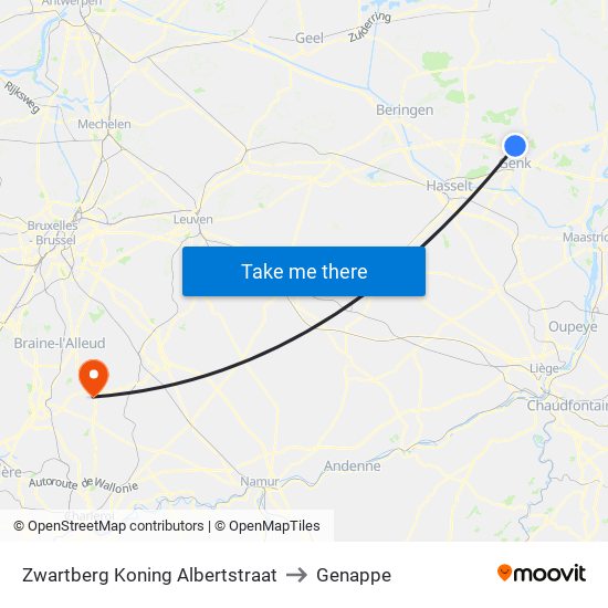 Zwartberg Koning Albertstraat to Genappe map