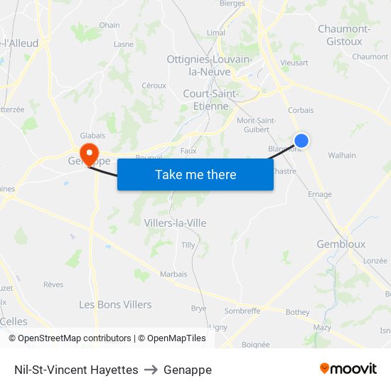 Nil-St-Vincent Hayettes to Genappe map