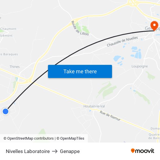 Nivelles Laboratoire to Genappe map