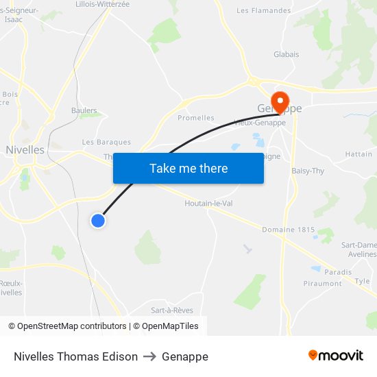 Nivelles Thomas Edison to Genappe map