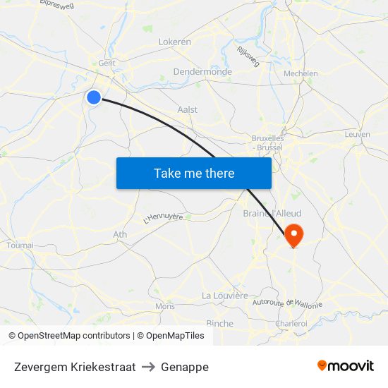 Zevergem Kriekestraat to Genappe map