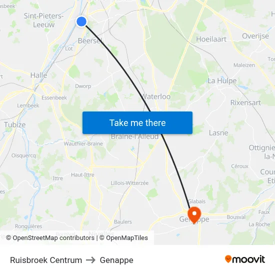 Ruisbroek Center to Genappe map