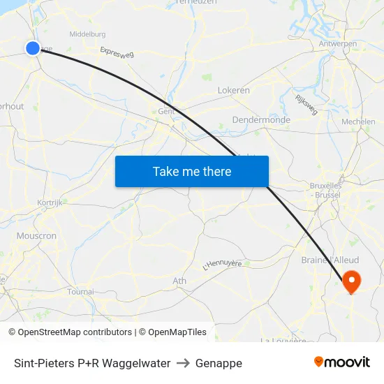 Sint-Pieters P+R Waggelwater to Genappe map