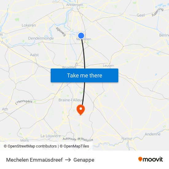 Mechelen Emmaüsdreef to Genappe map