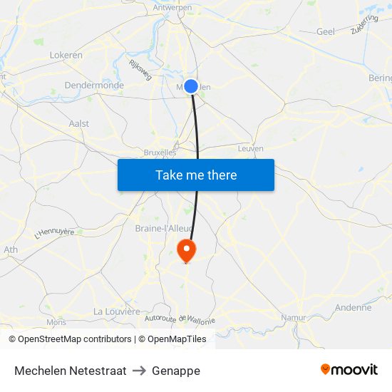 Mechelen Netestraat to Genappe map