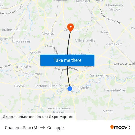 Charleroi Park (Metro) to Genappe map