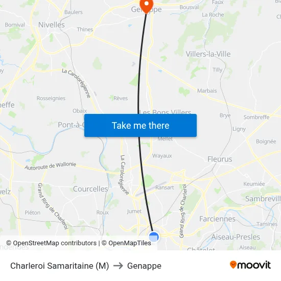 Charleroi Samaritan (Metro) to Genappe map