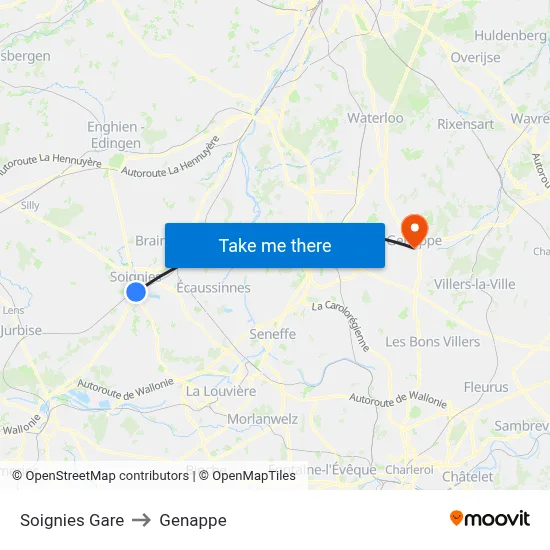 Soignies Station to Genappe map