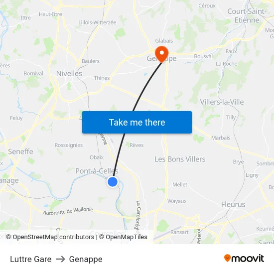 Luttre Station to Genappe map