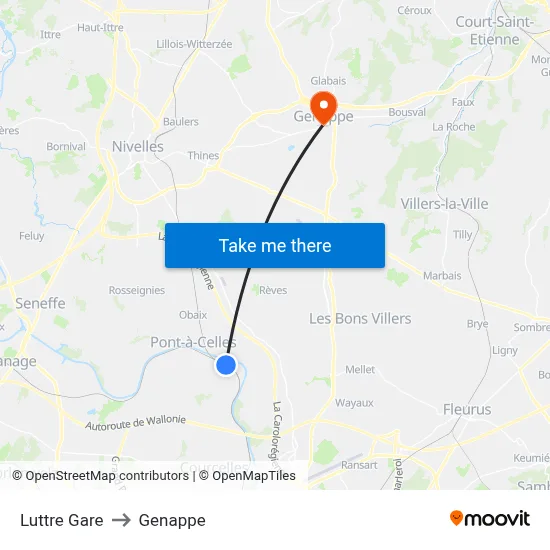Luttre Station to Genappe map