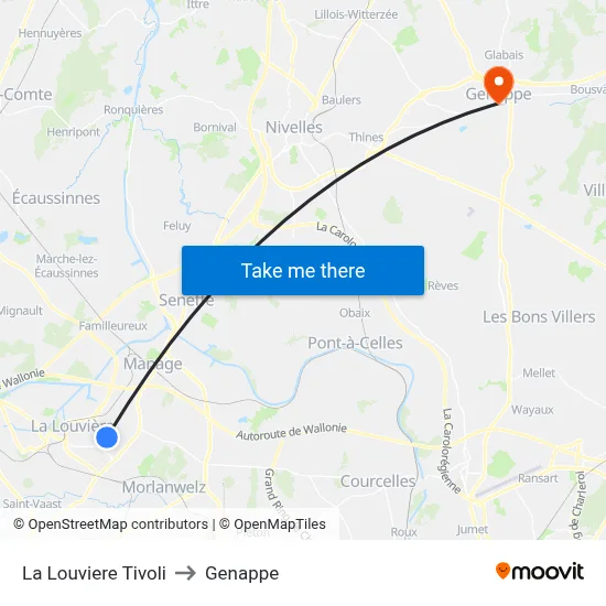 La Louviere Tivoli to Genappe map