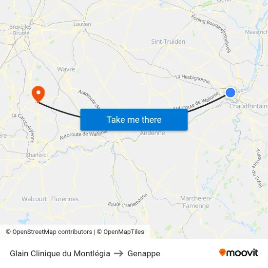Glain Montlégia Clinic to Genappe map