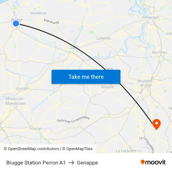 Bruges Station Platform A1 to Genappe map