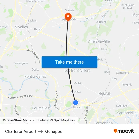 Charleroi Airport to Genappe map