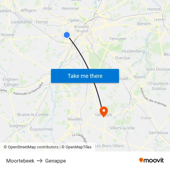 Moortebeek to Genappe map
