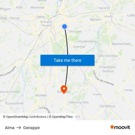 Alma to Genappe map