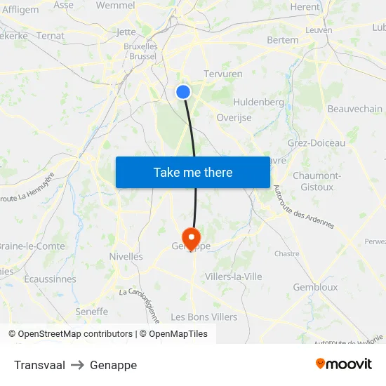 Transvaal to Genappe map