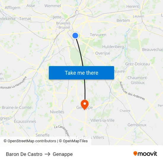 Baron De Castro to Genappe map