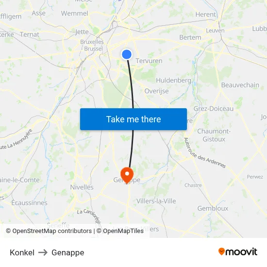 Konkel to Genappe map