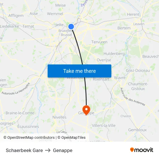 Schaerbeek Station to Genappe map