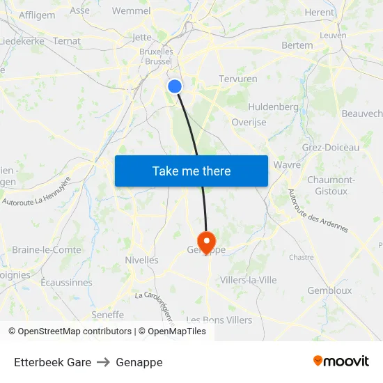 Etterbeek Station to Genappe map