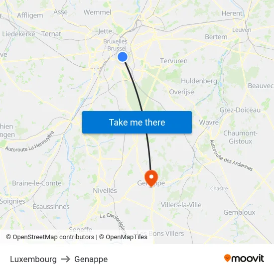 Luxembourg to Genappe map