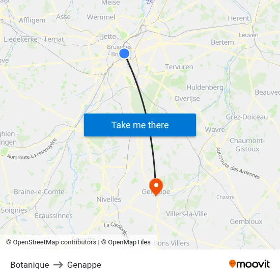Botanique to Genappe map