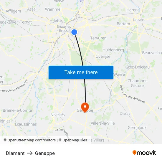 Diamant to Genappe map